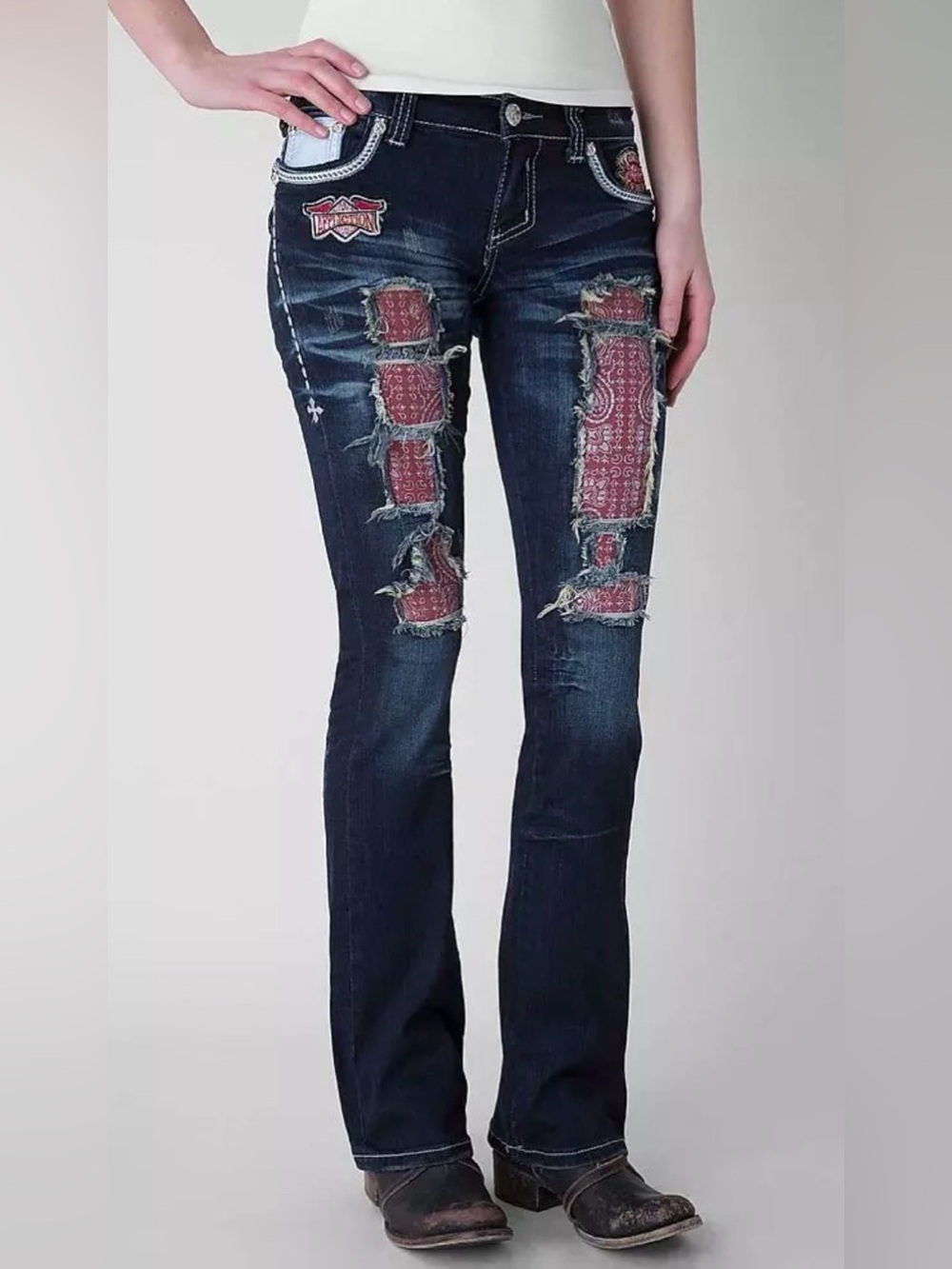 Affliction Jade Embellished Handkerchief Patchwork Jeans Size 27 Mcbling Low Cut